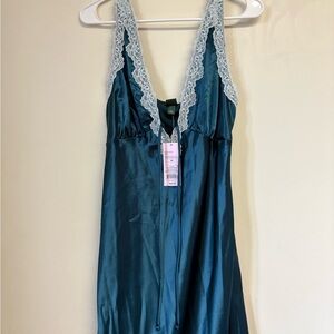Long Elegant Teal Lace-Trimmed Nightgown Slip